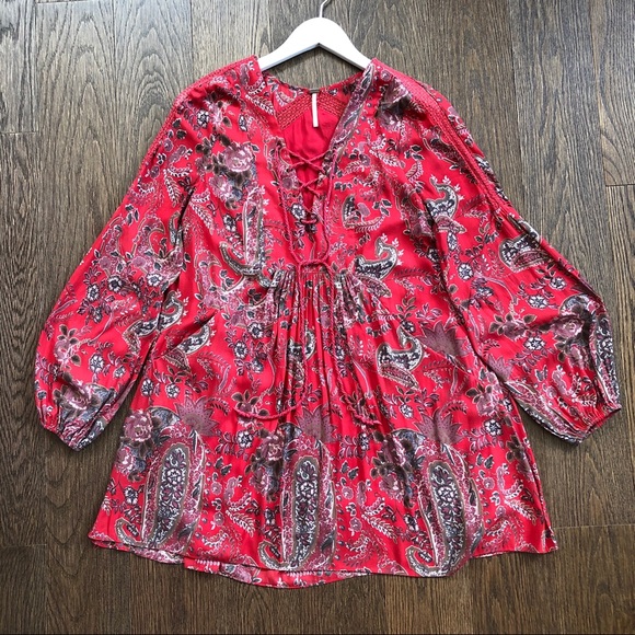 Free People Red Paisley Tunic Mini Dress - Picture 1 of 8